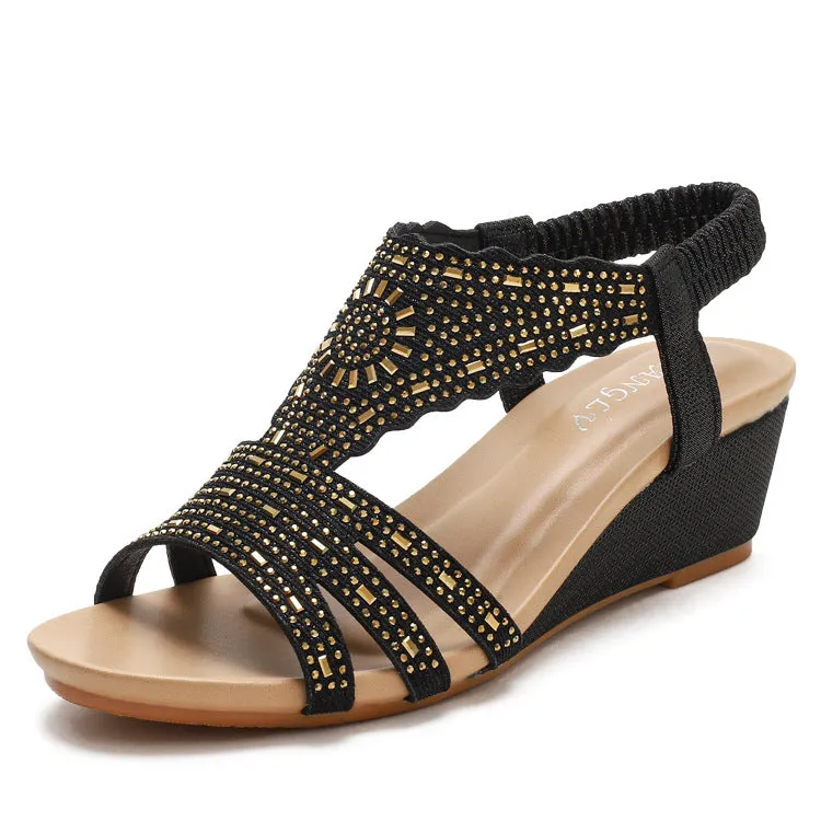 Retro rhinestone wedge gladiator sandals cut-out sandals