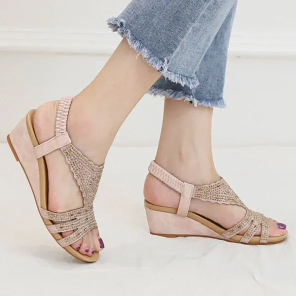 Retro rhinestone wedge gladiator sandals cut-out sandals