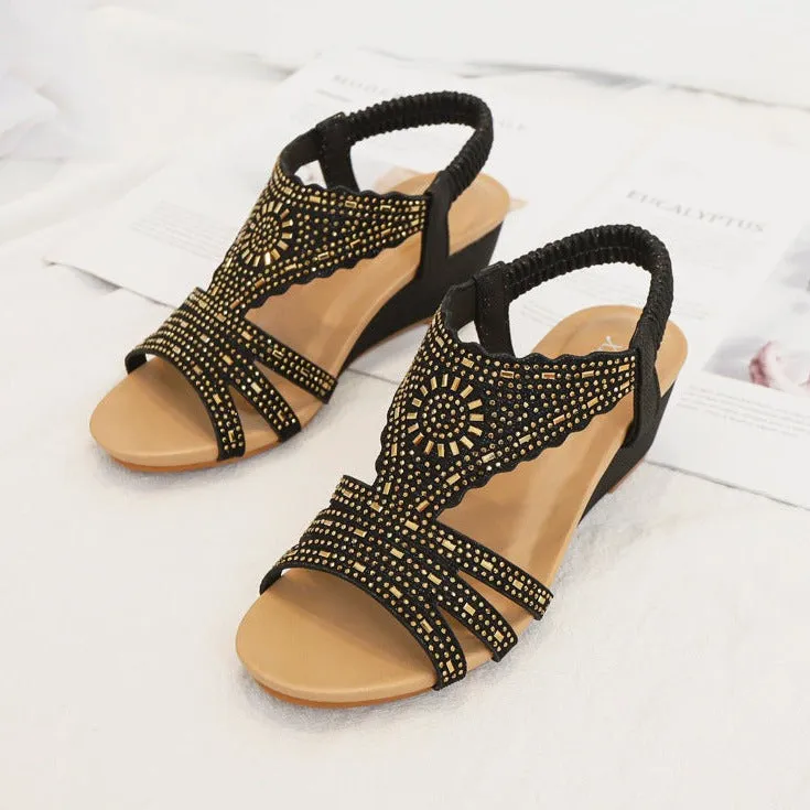 Retro rhinestone wedge gladiator sandals cut-out sandals