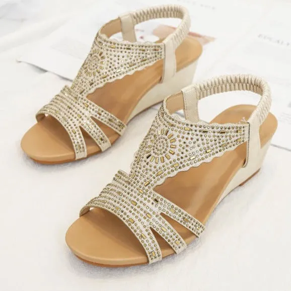 Retro rhinestone wedge gladiator sandals cut-out sandals