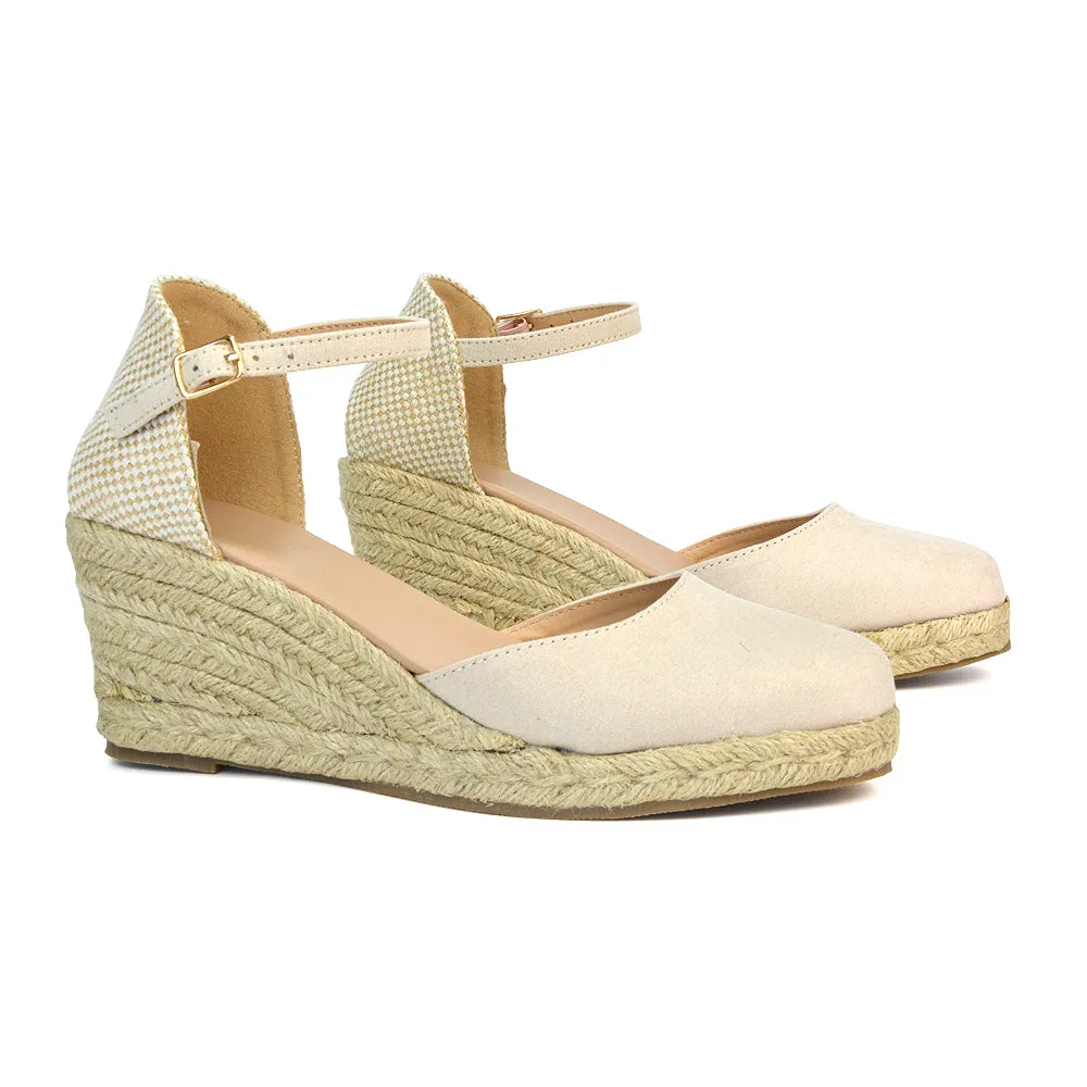 Rocky Closed Toe Strappy Espadrille Sandal Wedge Mid Heels in Gold