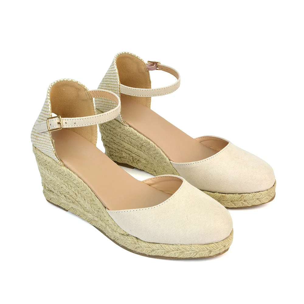 Rocky Closed Toe Strappy Espadrille Sandal Wedge Mid Heels in Gold