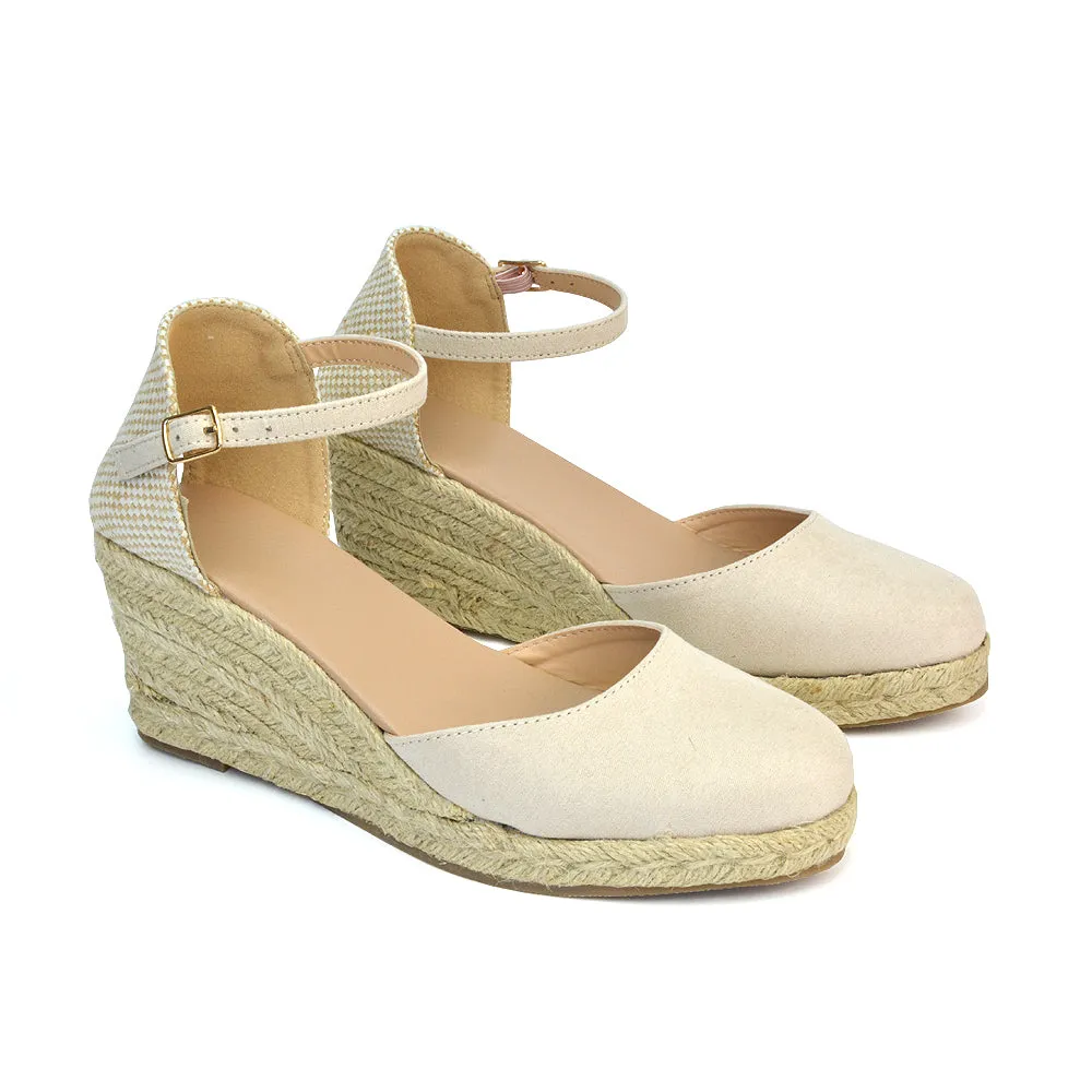 Rocky Closed Toe Strappy Espadrille Sandal Wedge Mid Heels in Gold