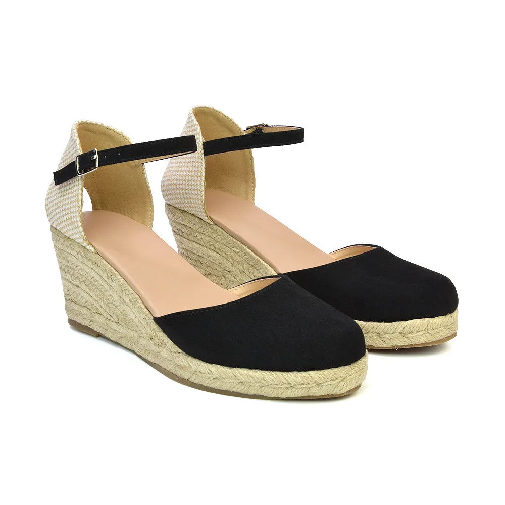 Rocky Closed Toe Strappy Espadrille Sandal Wedge Mid Heels in Gold