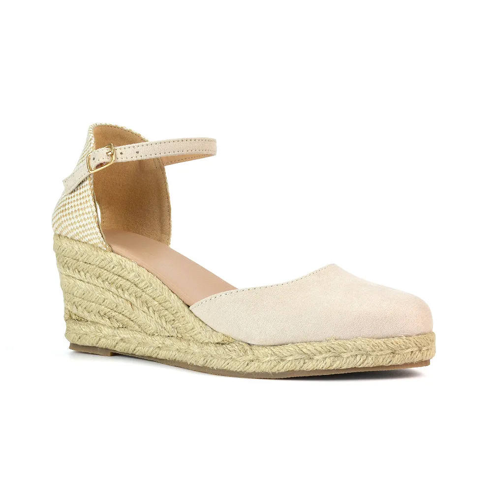 Rocky Closed Toe Strappy Espadrille Sandal Wedge Mid Heels in Gold