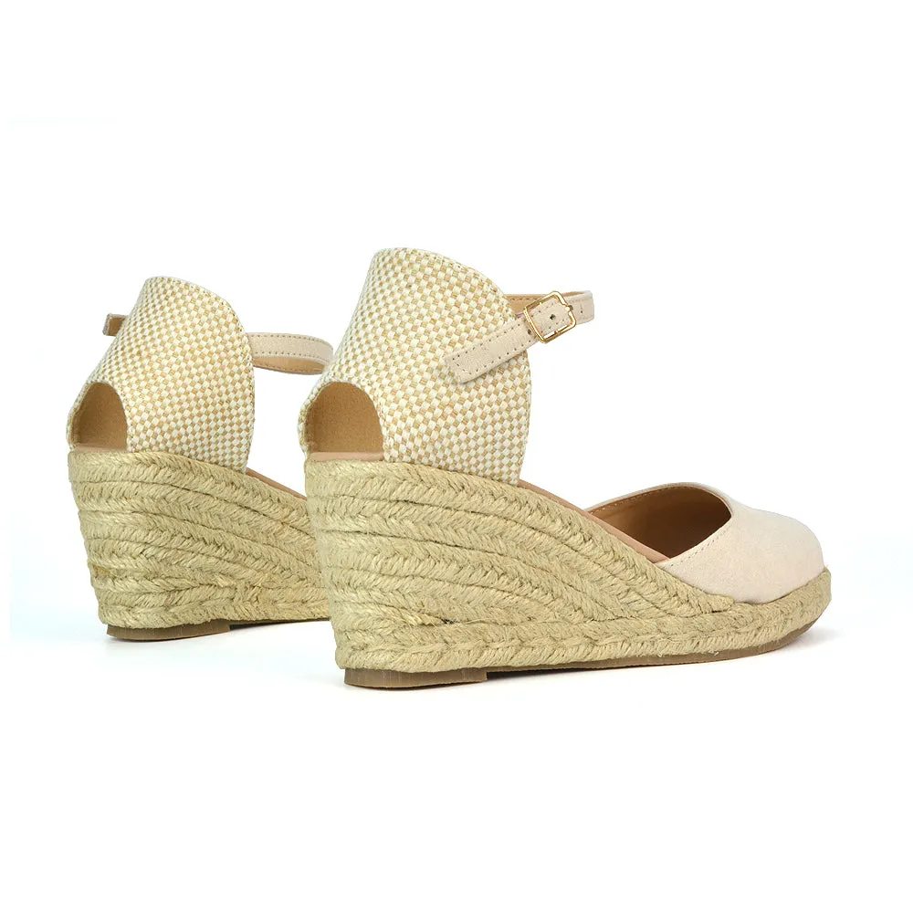 Rocky Closed Toe Strappy Espadrille Sandal Wedge Mid Heels in Gold