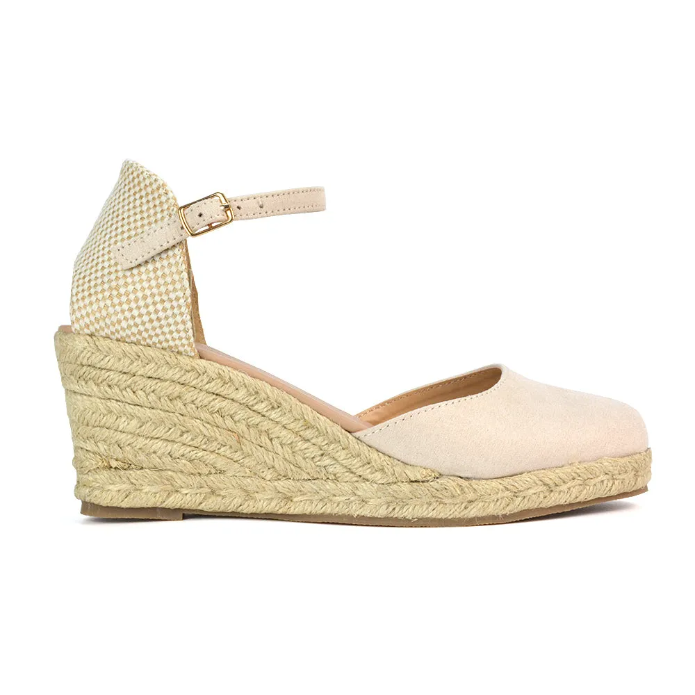 Rocky Closed Toe Strappy Espadrille Sandal Wedge Mid Heels in Gold