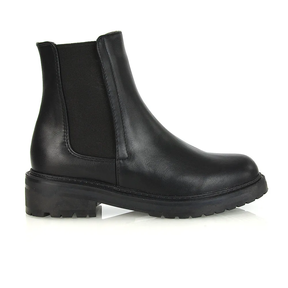 Sadie Flat Elasticated Chunky Low Block Heel Ankle Chelsea Boots in Black PU