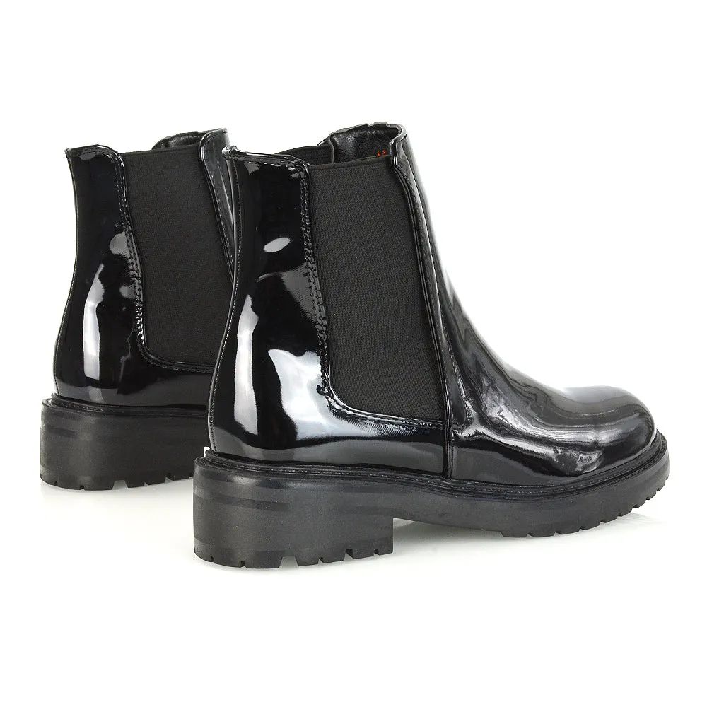 Sadie Flat Elasticated Chunky Low Block Heel Ankle Chelsea Boots in Black PU