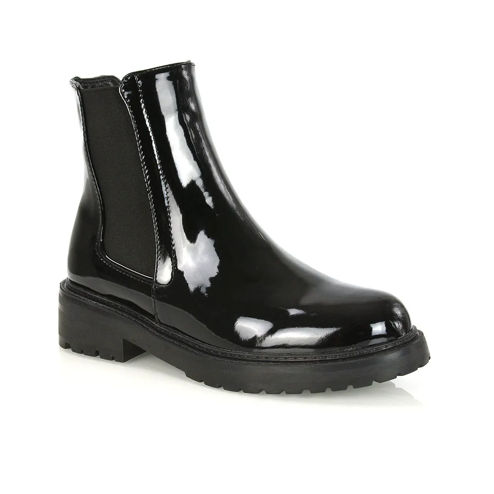 Sadie Flat Elasticated Chunky Low Block Heel Ankle Chelsea Boots in Black PU