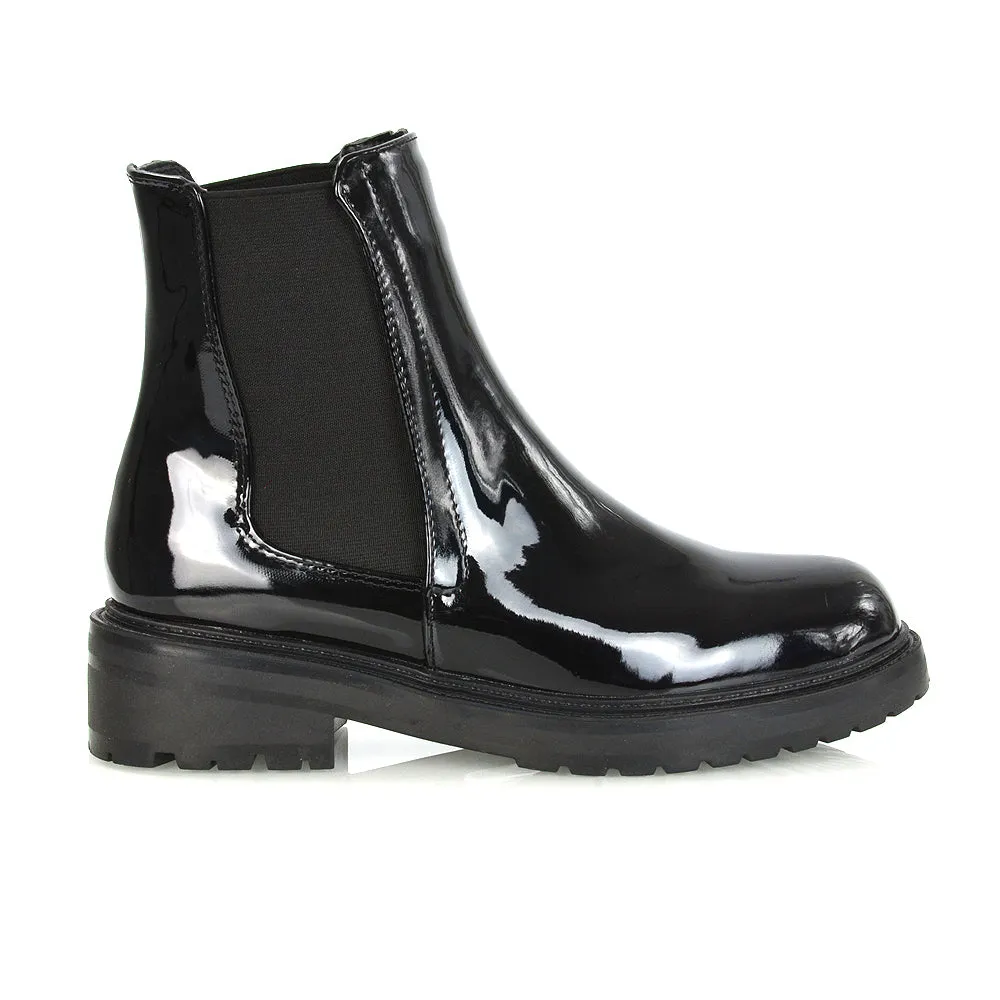 Sadie Flat Elasticated Chunky Low Block Heel Ankle Chelsea Boots in Black PU