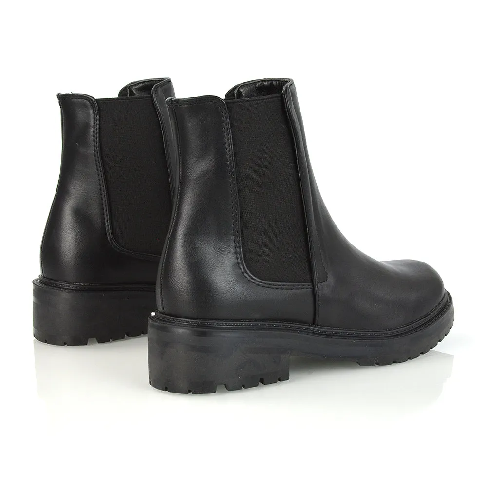 Sadie Flat Elasticated Chunky Low Block Heel Ankle Chelsea Boots in Black PU