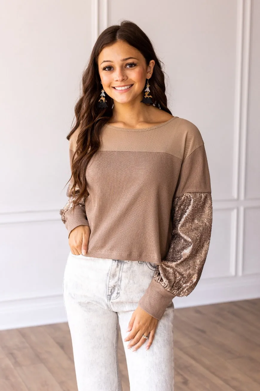 Tan Waffle Knit Top with Mesh and Sequin Details