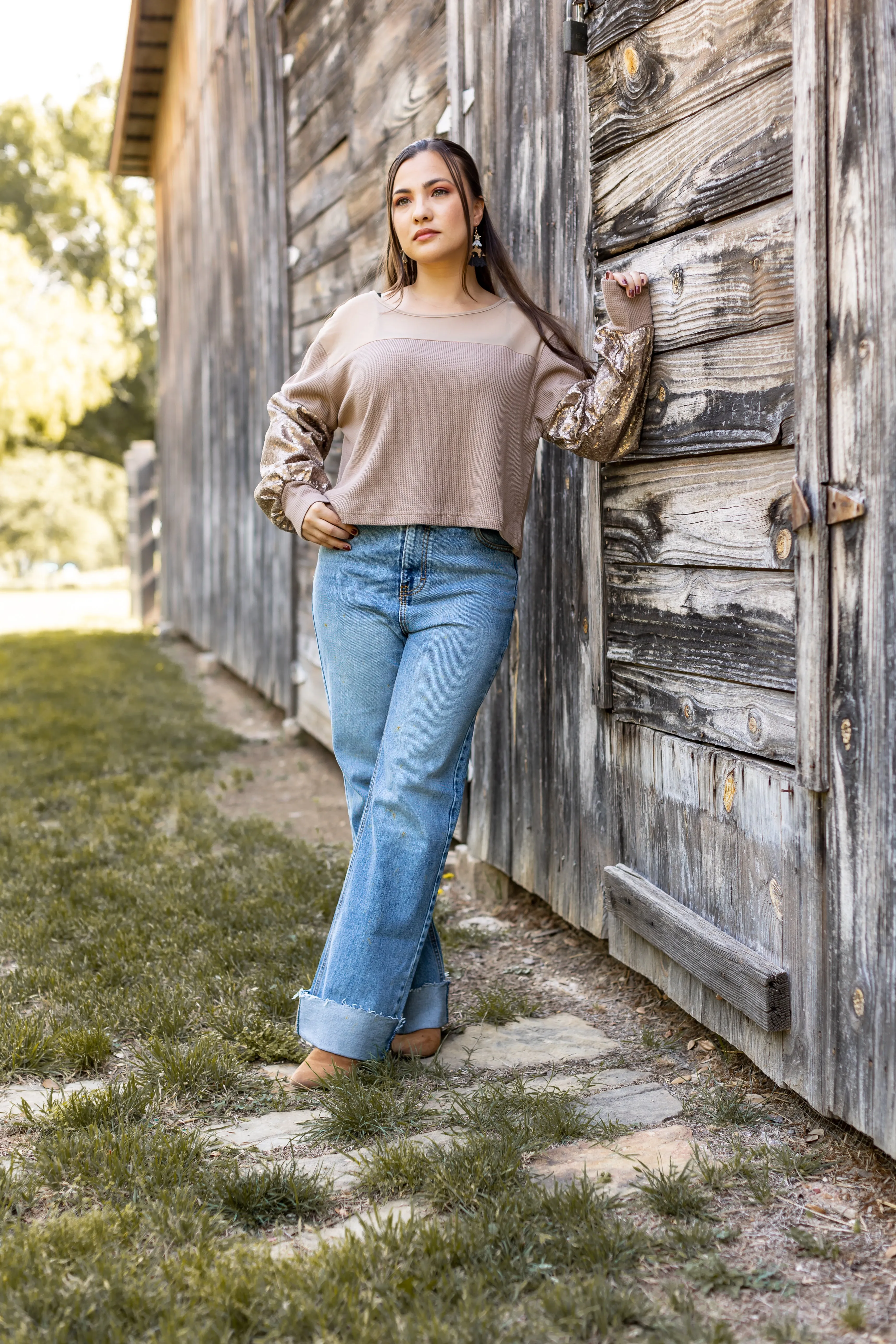 Tan Waffle Knit Top with Mesh and Sequin Details