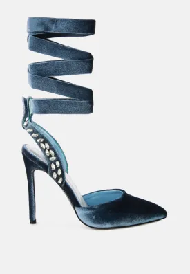 Wallis Blue Velvet Diamante Stud Tie Up Sandals