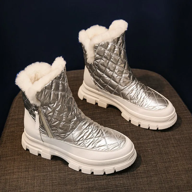 Winter Women Round Toe Boots Keep Warm Mid-Calf Snow Boots