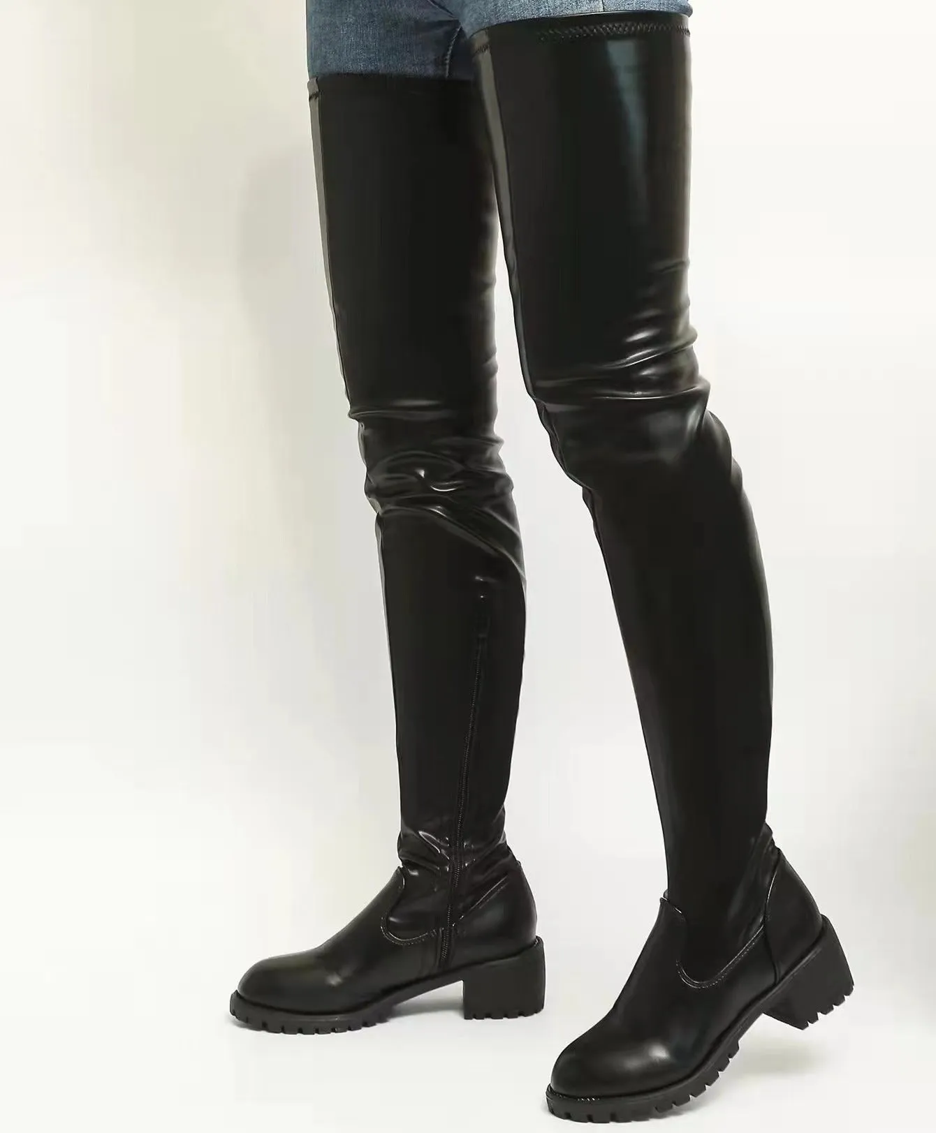 Women chunky heel thick sole solid color over the knee boots