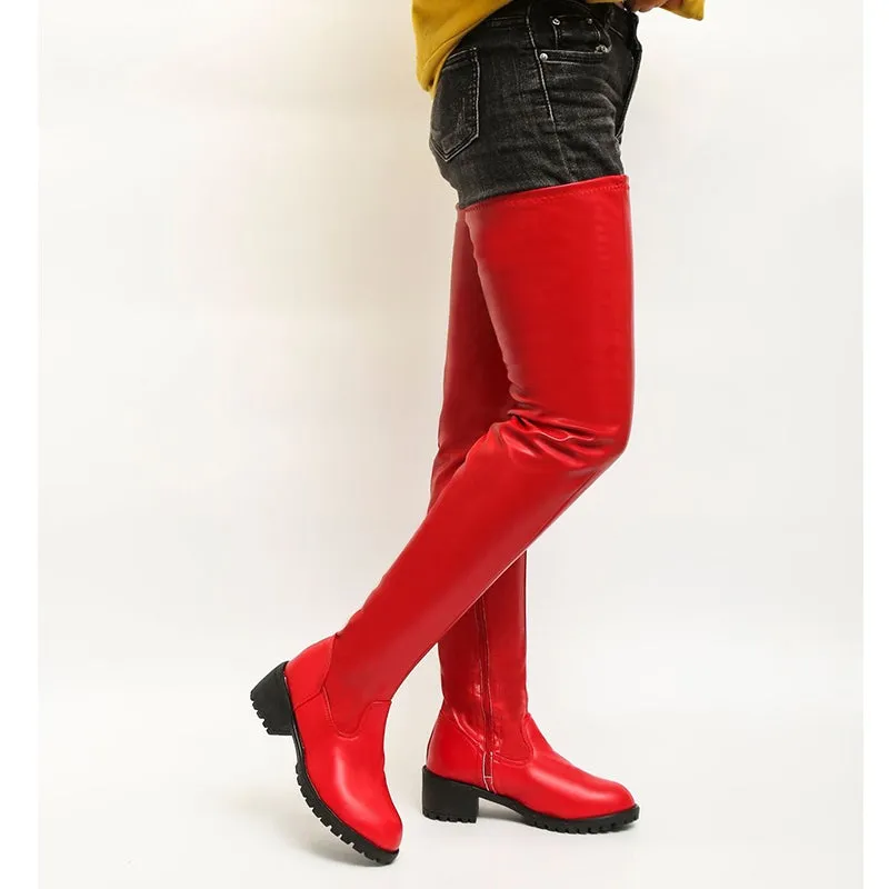 Women chunky heel thick sole solid color over the knee boots