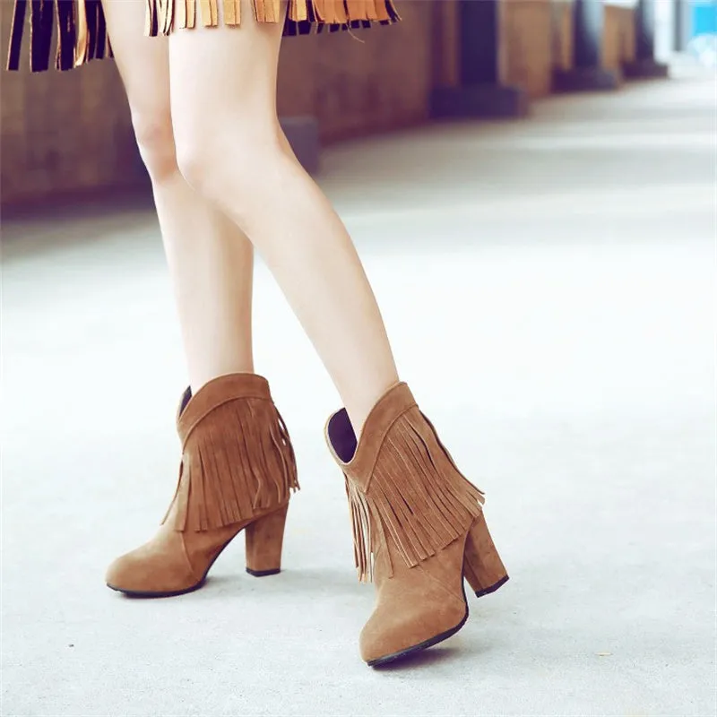 Women chunky high heel pointed toe short fringe boots