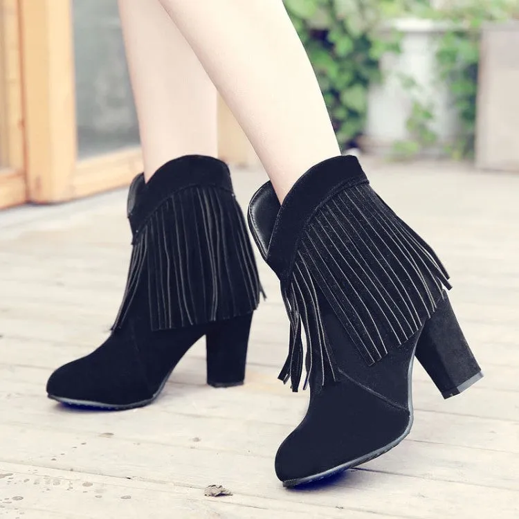 Women chunky high heel pointed toe short fringe boots