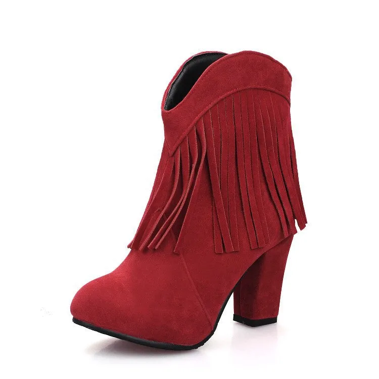 Women chunky high heel pointed toe short fringe boots