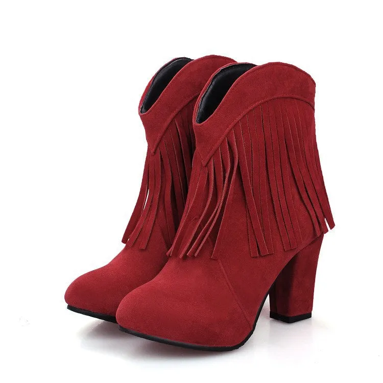 Women chunky high heel pointed toe short fringe boots