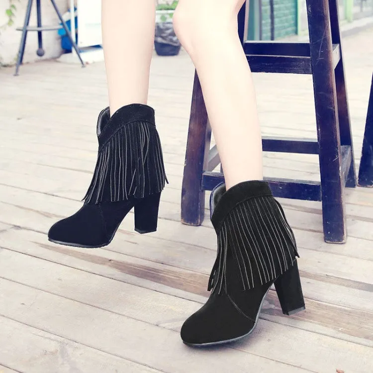 Women chunky high heel pointed toe short fringe boots