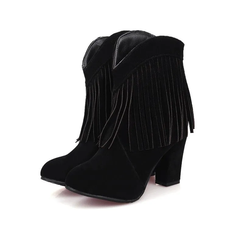 Women chunky high heel pointed toe short fringe boots