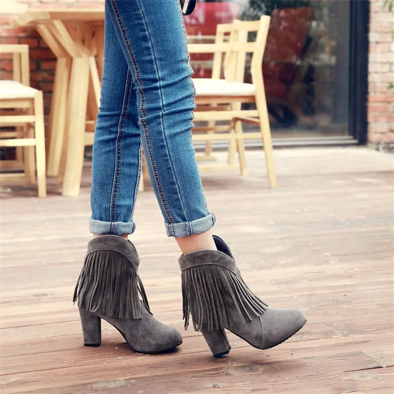 Women chunky high heel pointed toe short fringe boots