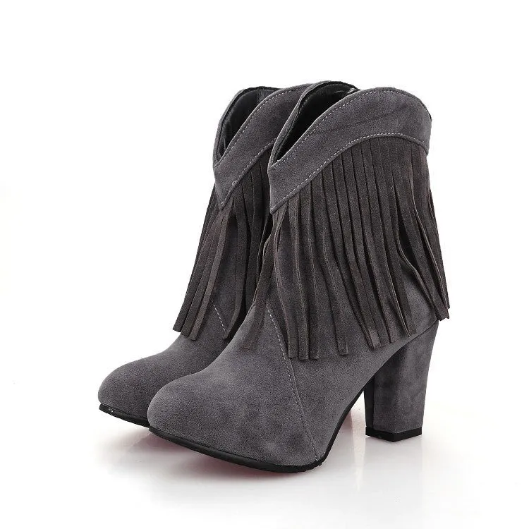 Women chunky high heel pointed toe short fringe boots