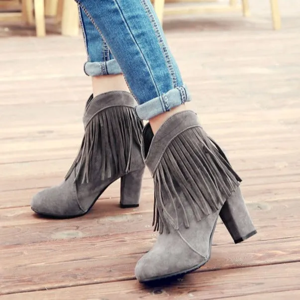 Women chunky high heel pointed toe short fringe boots