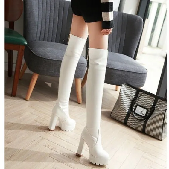 Women platform chunky high heel over the knee boots