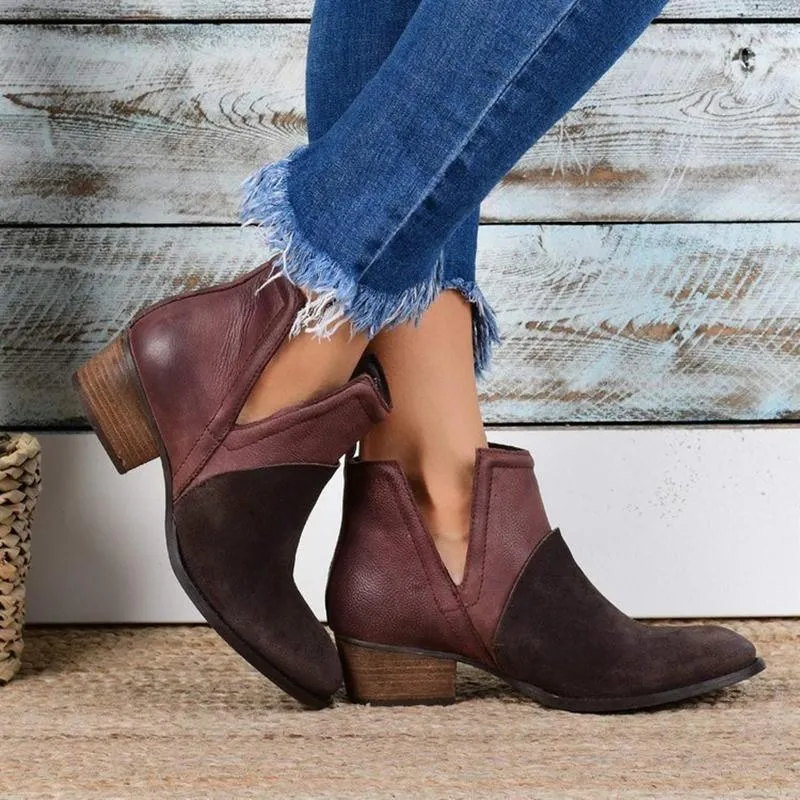 Women Retro Ankle Round Toe Hollow Out Chunky Stacked Heel Booties