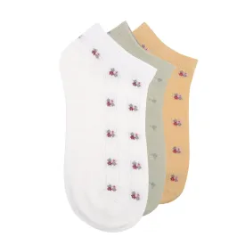 Women's Essentials Floral Motifs Low-Cut Socks | White, Fawn, Green | Pack of 3