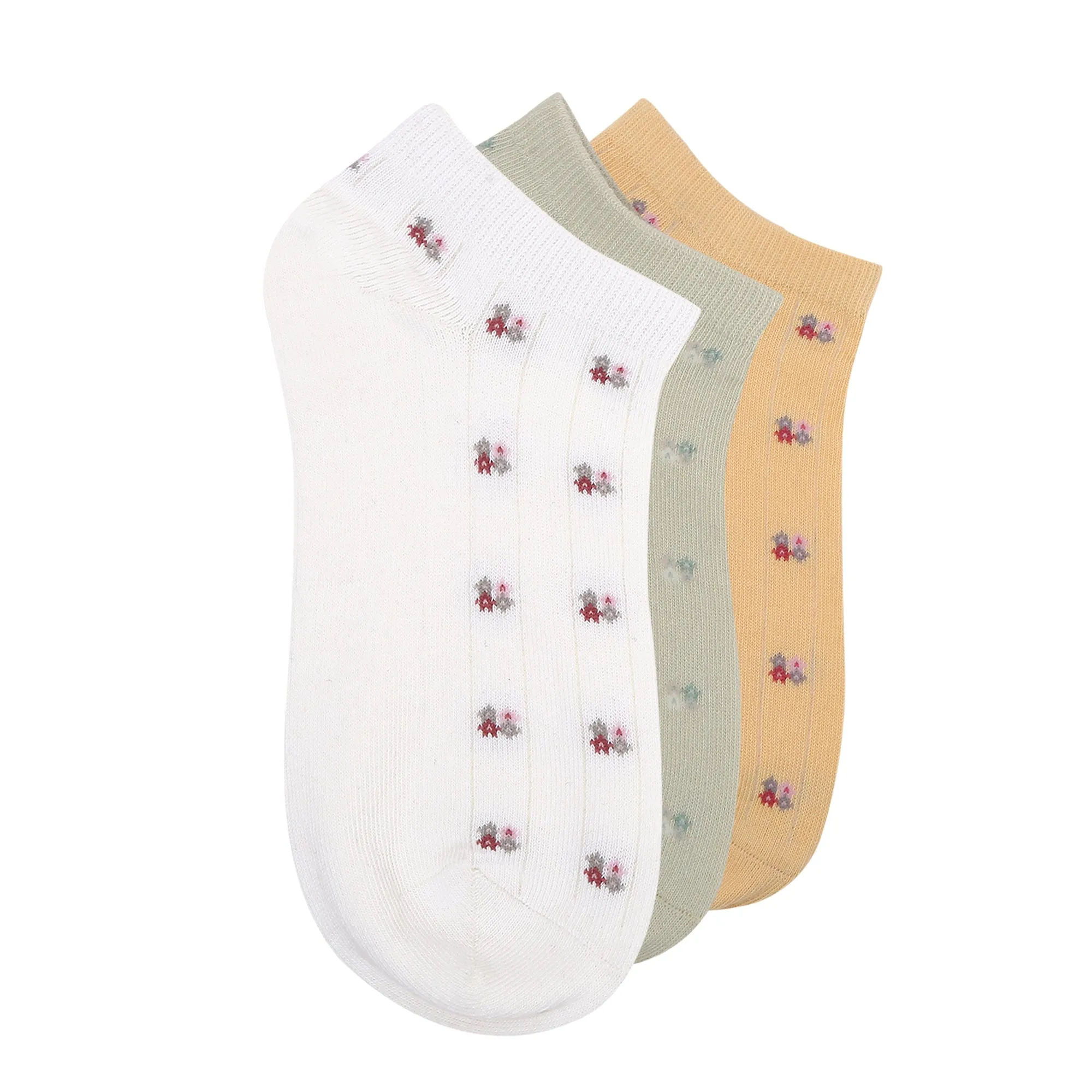 Women's Essentials Floral Motifs Low-Cut Socks | White, Fawn, Green | Pack of 3