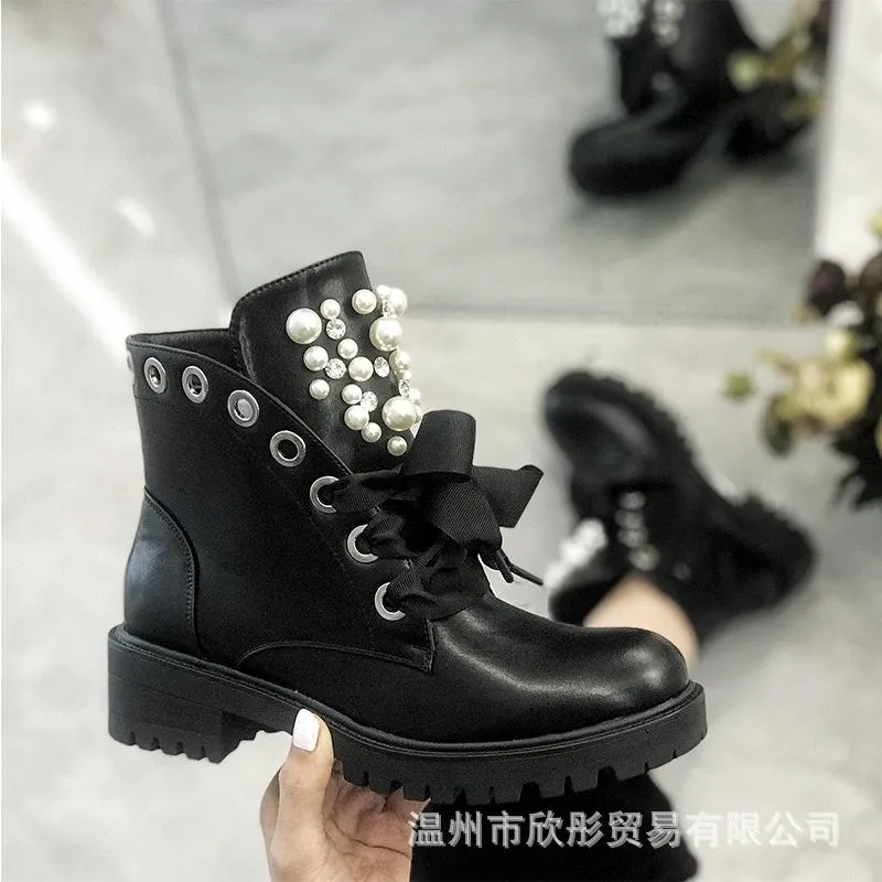 Women's fashion pearl rivet black ankle boots chunky low heel lace-up booties for party