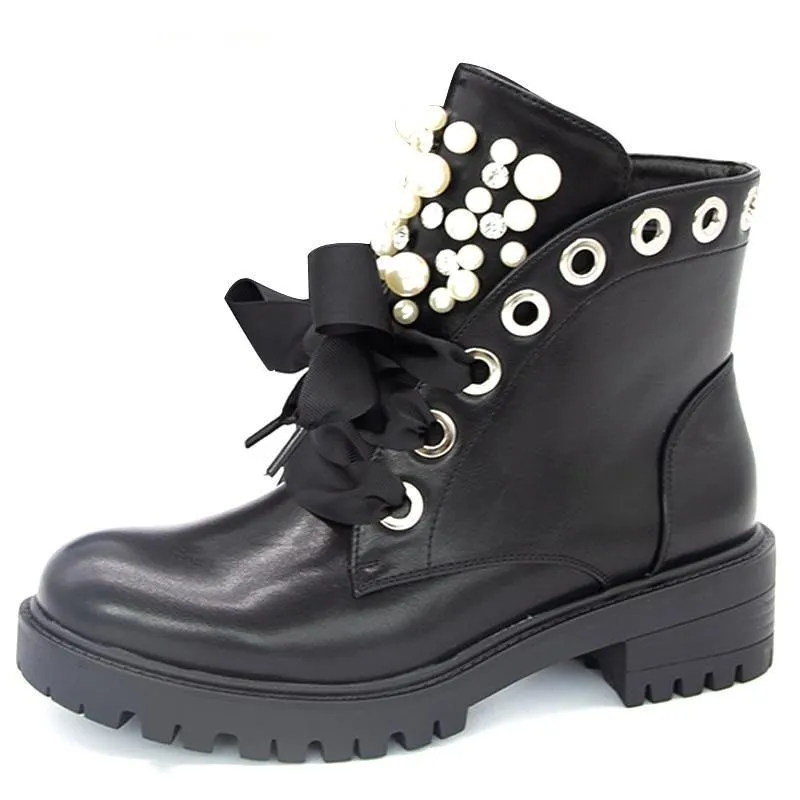 Women's fashion pearl rivet black ankle boots chunky low heel lace-up booties for party