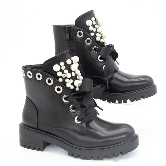 Women's fashion pearl rivet black ankle boots chunky low heel lace-up booties for party