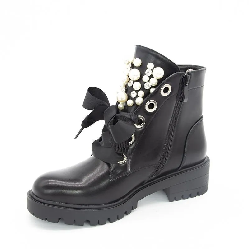 Women's fashion pearl rivet black ankle boots chunky low heel lace-up booties for party