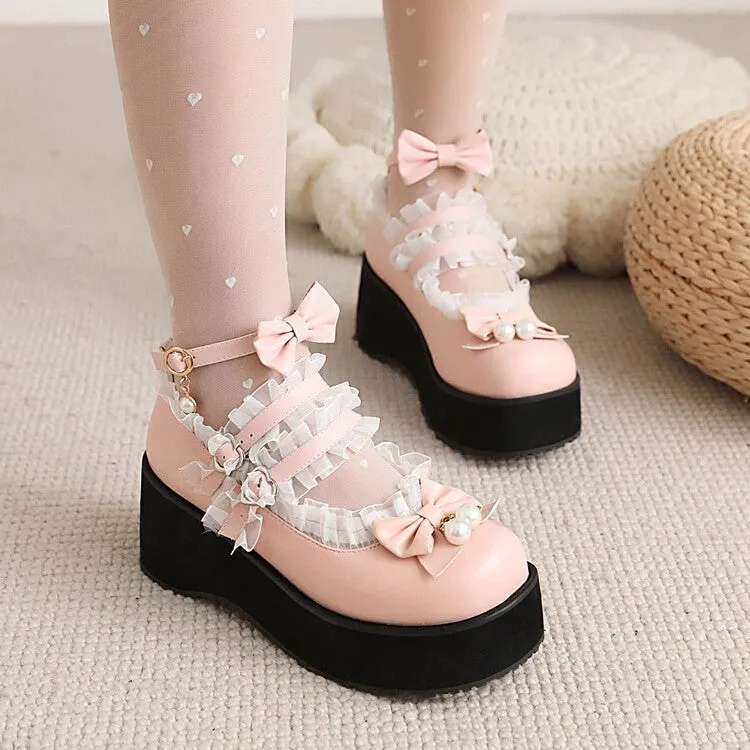 Women's Lace Bow Tie Pearls Wedge Heel Platform Pumps