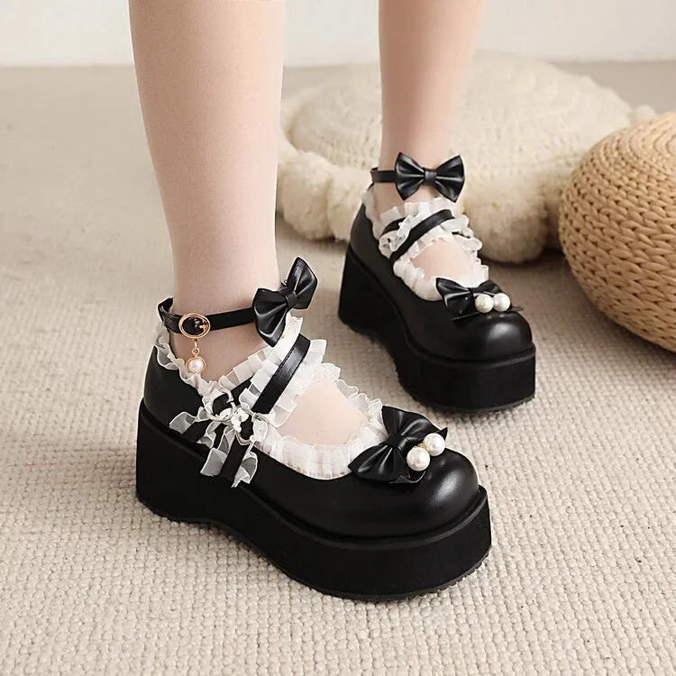 Women's Lace Bow Tie Pearls Wedge Heel Platform Pumps