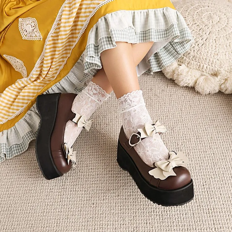 Women's Lolita Round Toe Bow Tie Wedge Heel Platform Pumps