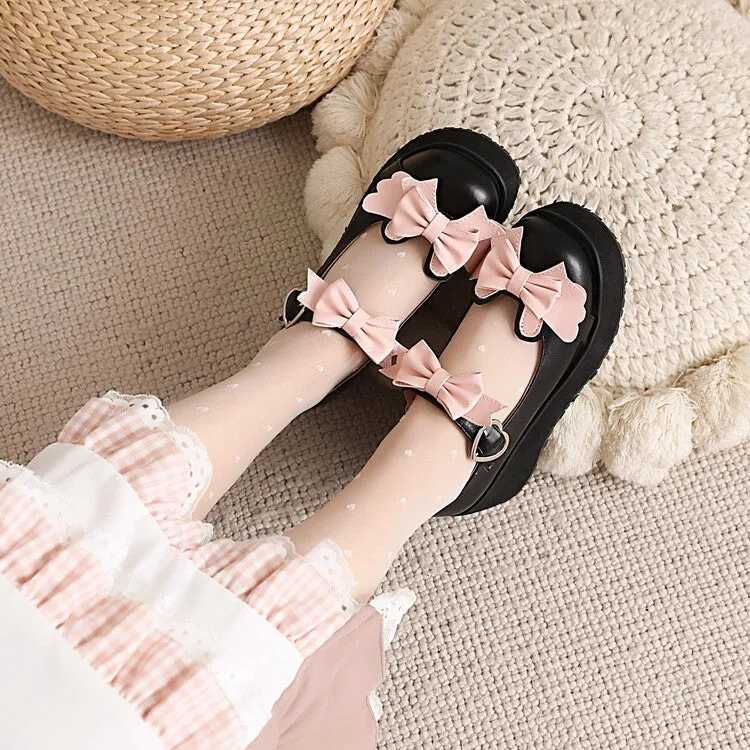 Women's Lolita Round Toe Bow Tie Wedge Heel Platform Pumps