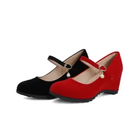 Women's Velvet Platform Wedge Heels Mary Jane Pumps