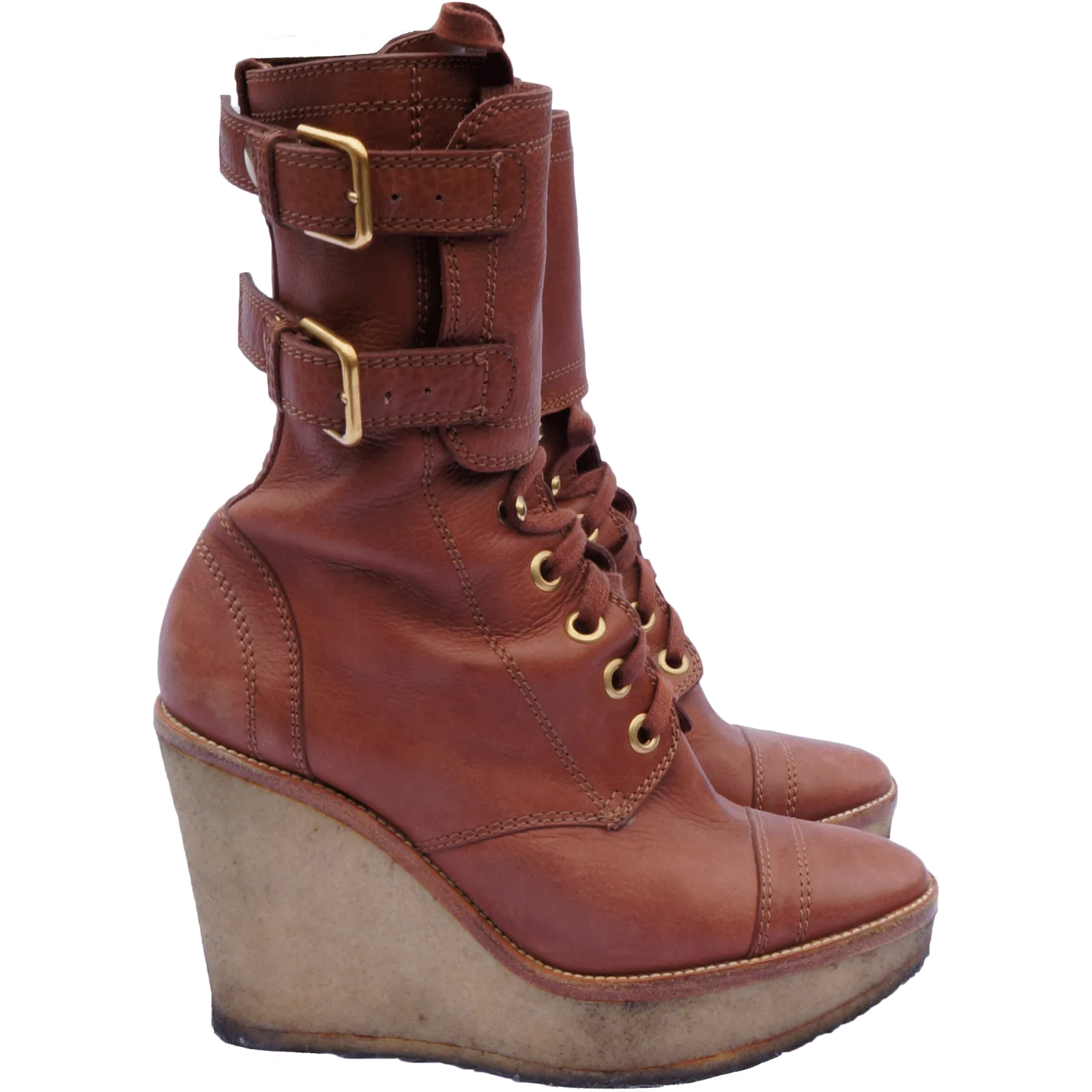 YVES SAINT LAURENT LEATHER MID-CALF WEDGE BOOTS